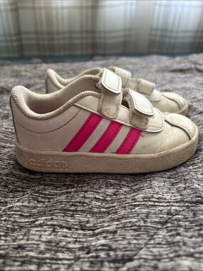 adidas Kids White Sneakers with Pink Stripes - Velcro